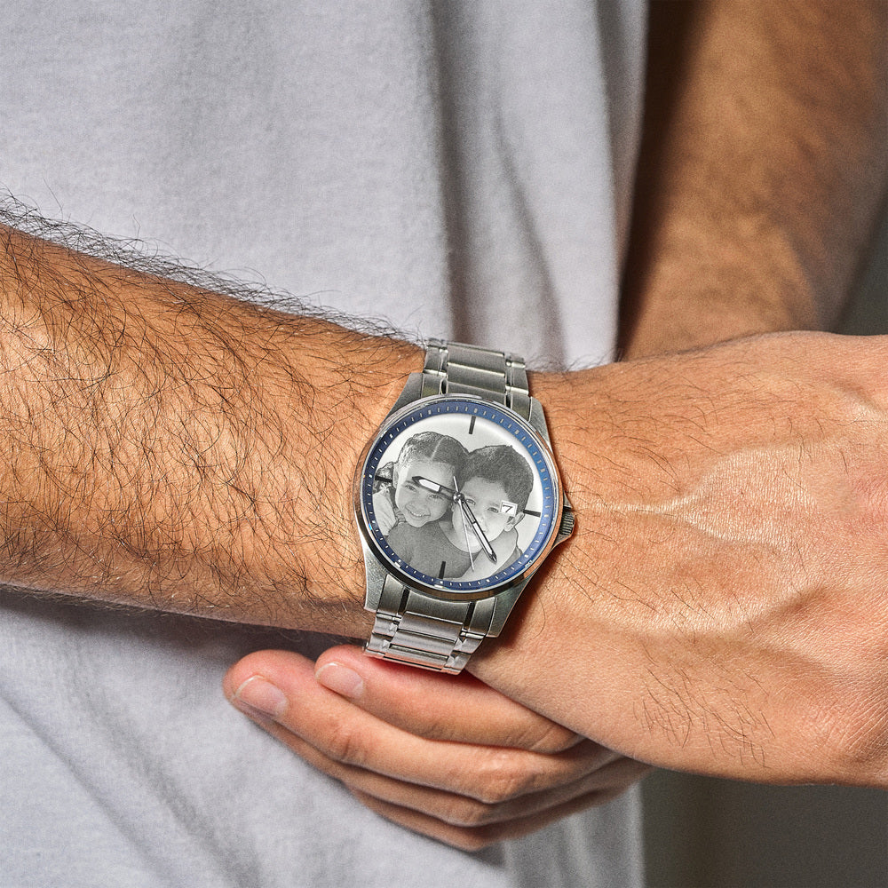 Men's Hologram Photo Stainless Watch Blue Dial