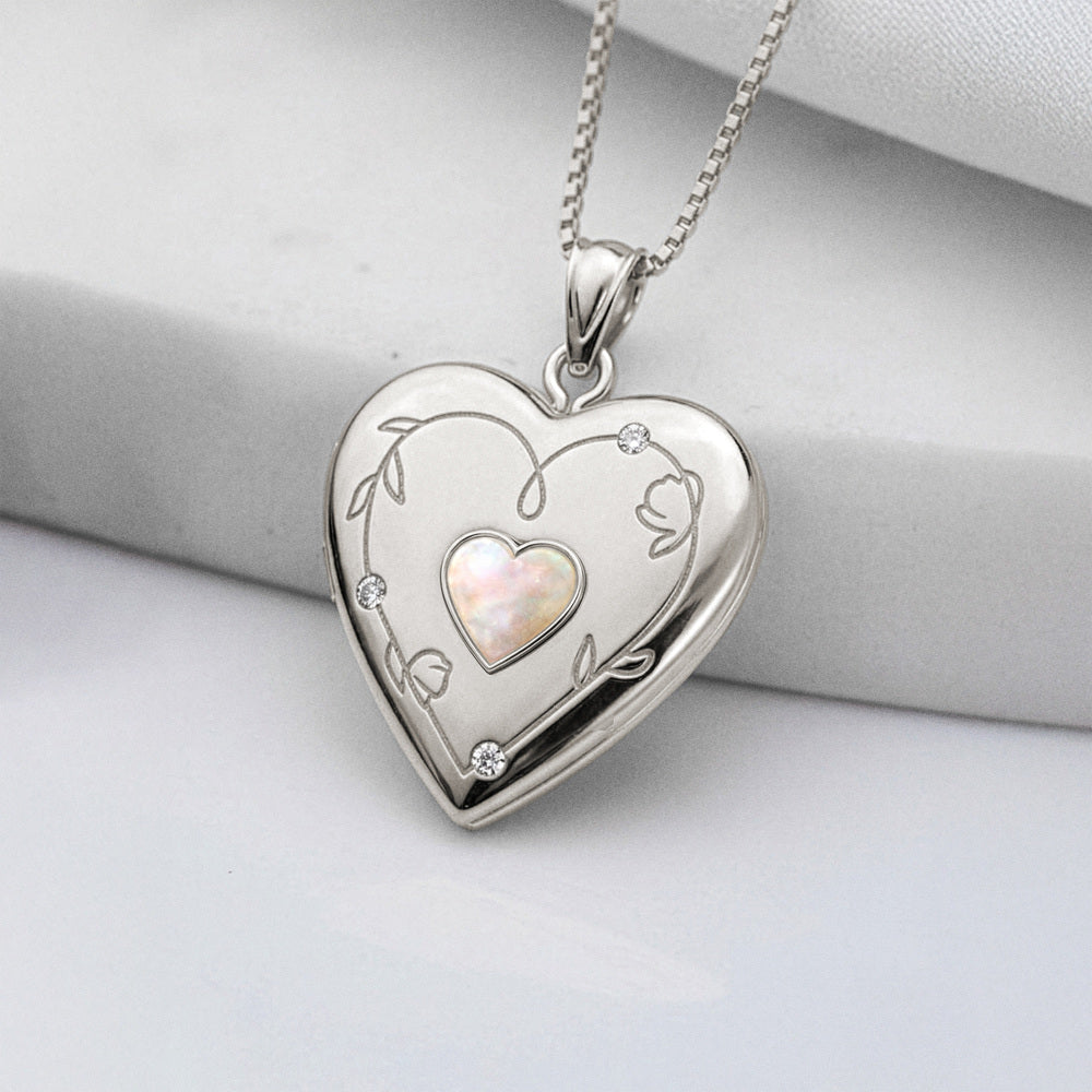 Mother of Pearl Floral Engraved Heart Locket with Diamond Accents