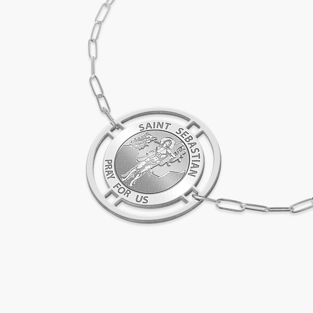 Round Saint Sebastian Medal with Open Border Paperclip Bracelet