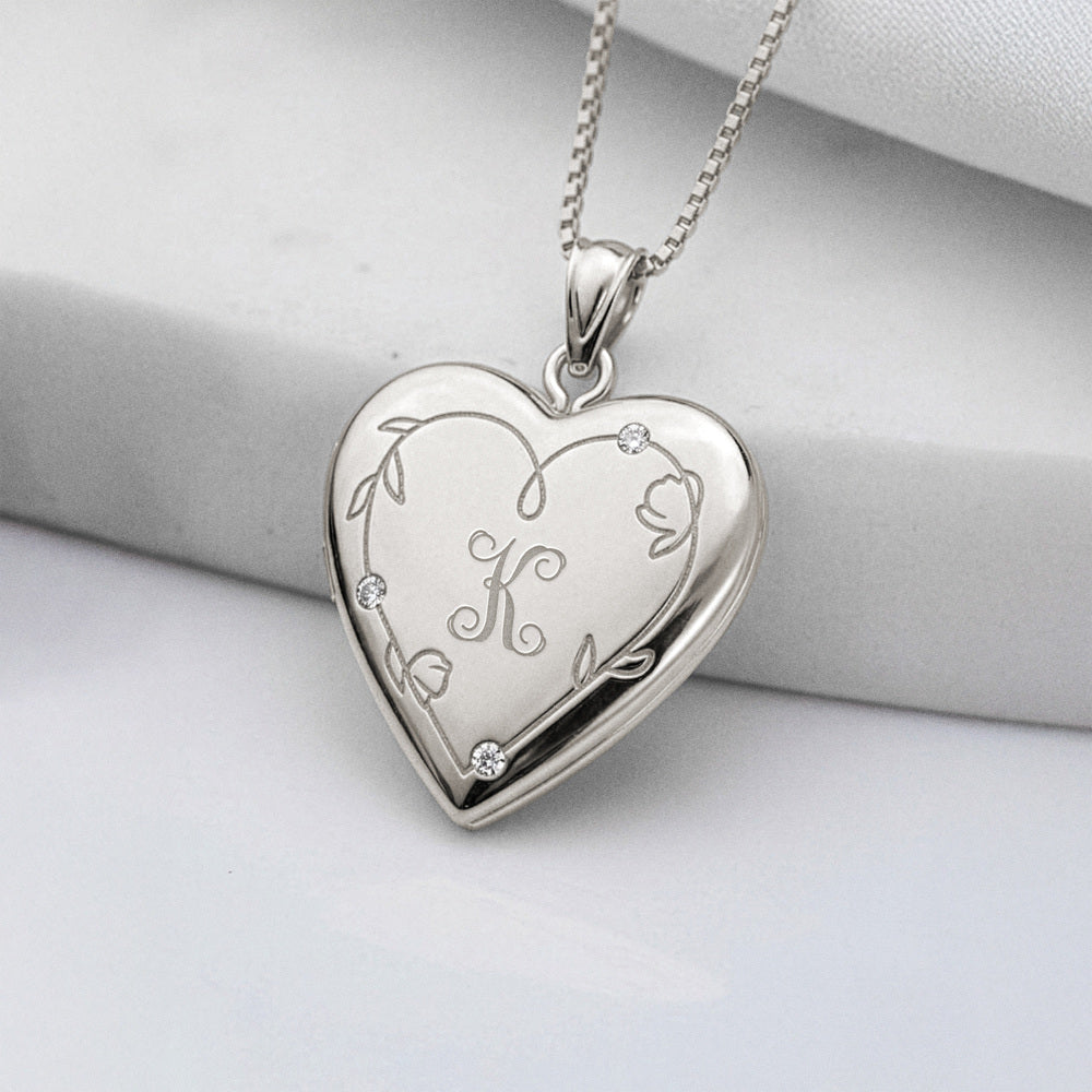 Floral Engraved Heart Locket with Diamond Accents and Initial