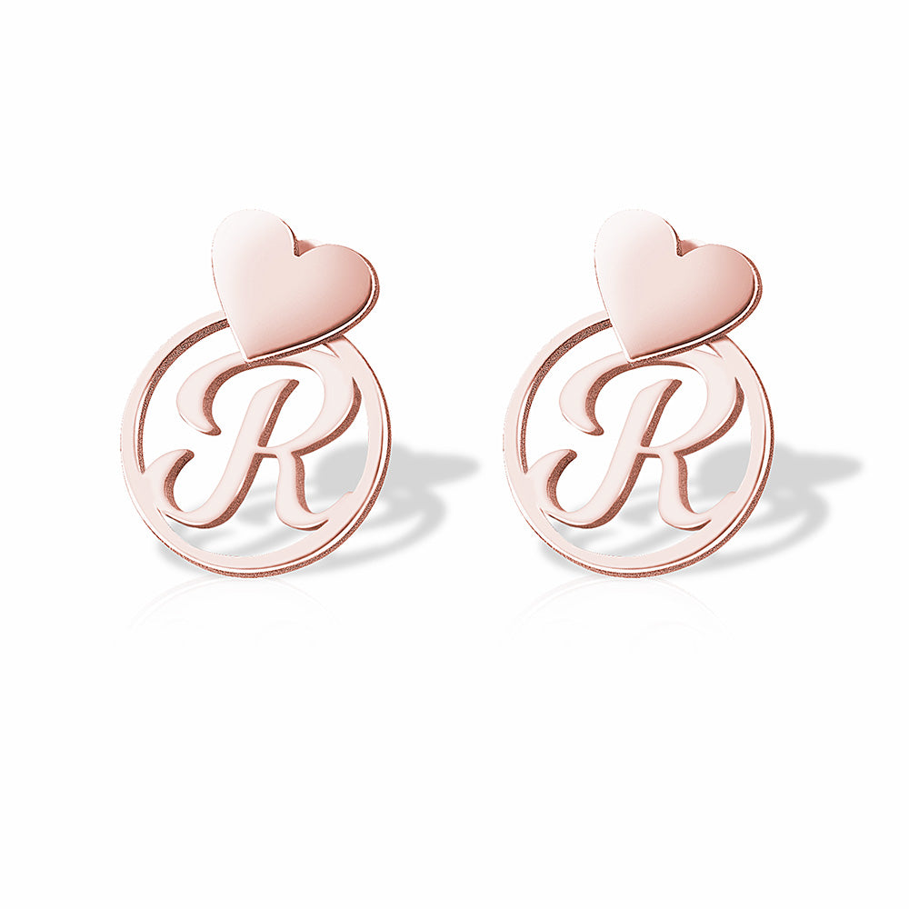 Heart With Dangle Round Initial Charm Earrings