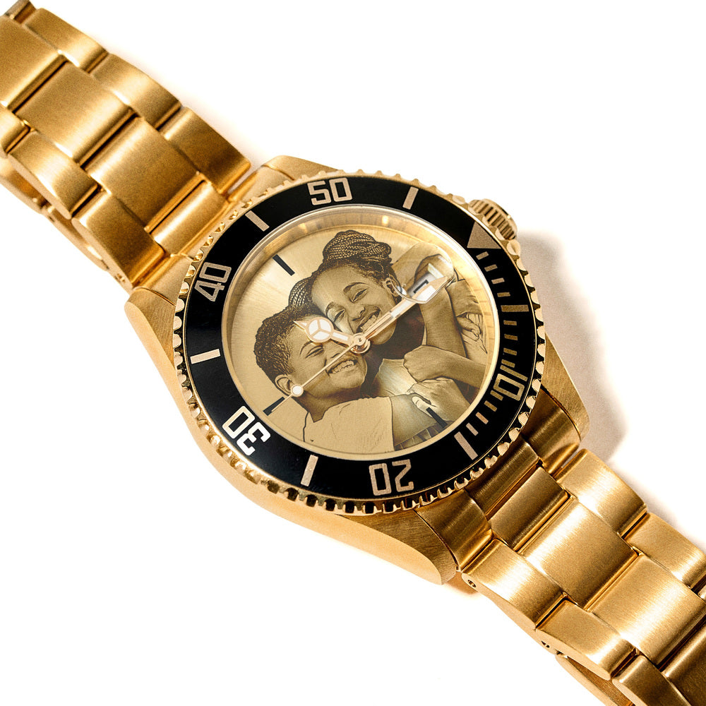 Men's Photo Engraved Watch with Black Dial