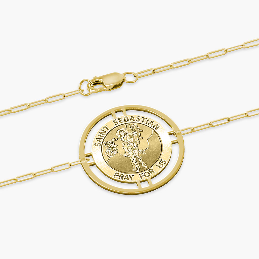 Round Saint Sebastian Medal with Open Border Paperclip Bracelet