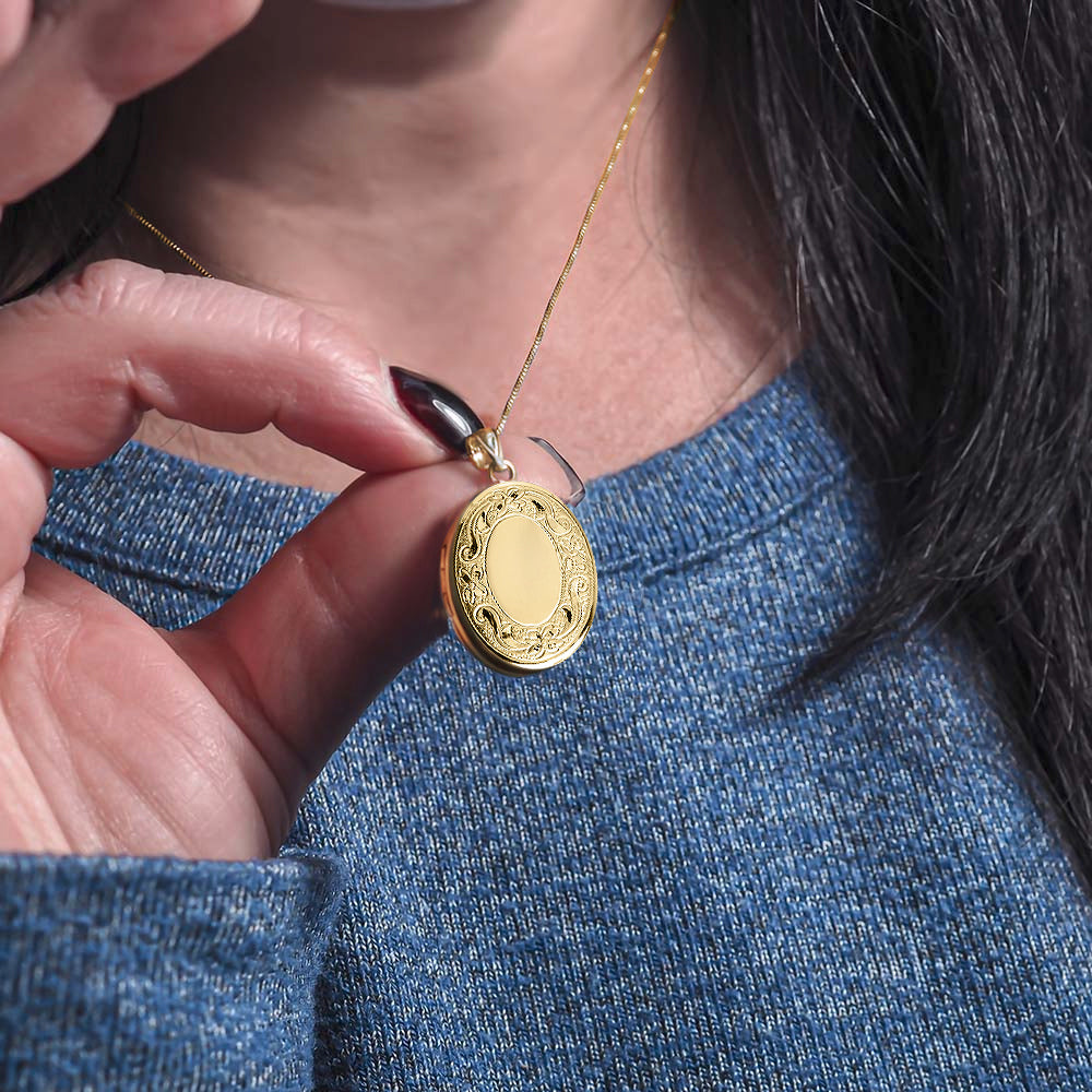 Solid 14K Yellow Gold Petite Oval Photo Locket with Floral Border