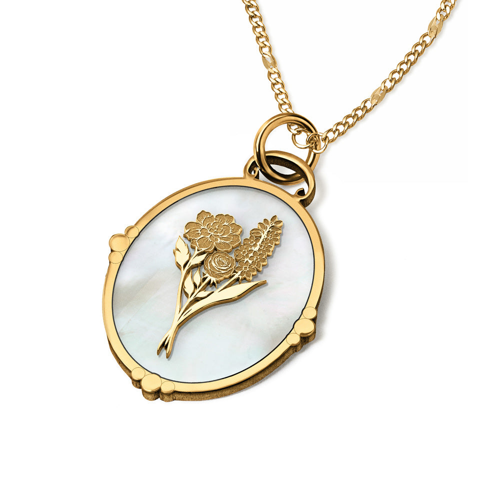Personalized Birth Flower Ornate Oval Necklace