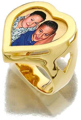 Solid Yellow Gold Heart Photo Ring