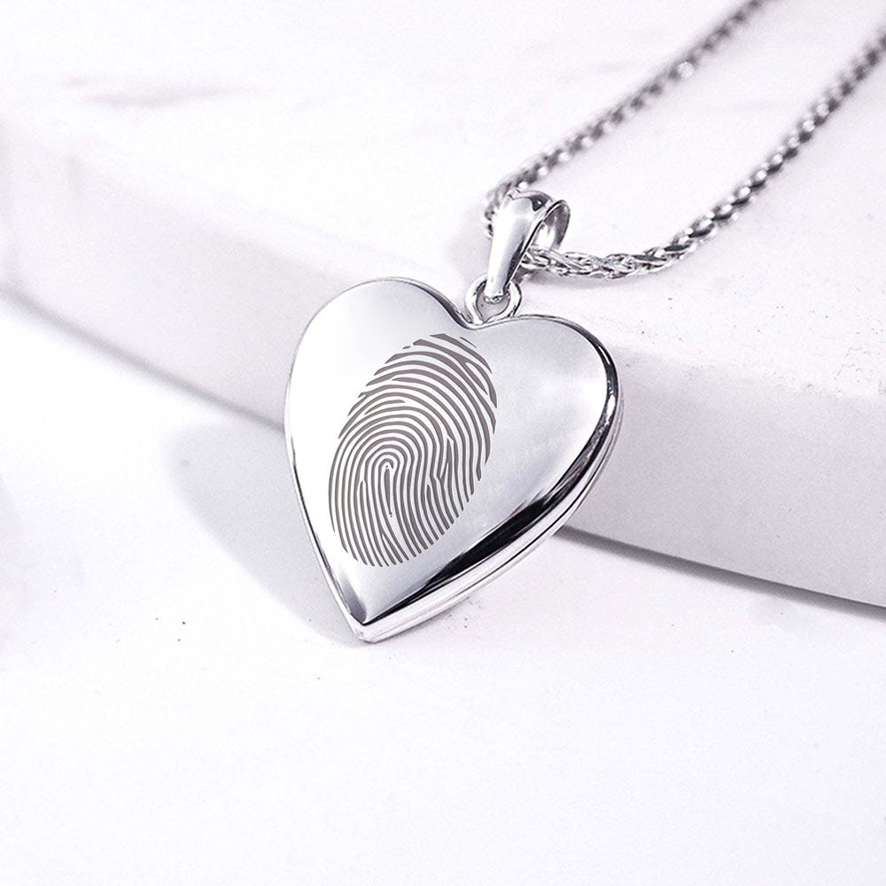 14K White Gold Fingerprint Heart Photo Locket
