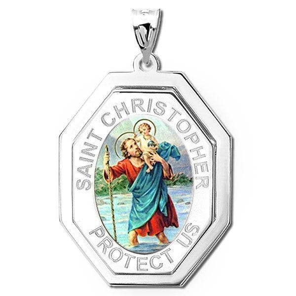 Saint Christopher Three Dimensional Premium Weight Long Octagon Religious Medal - "Color"