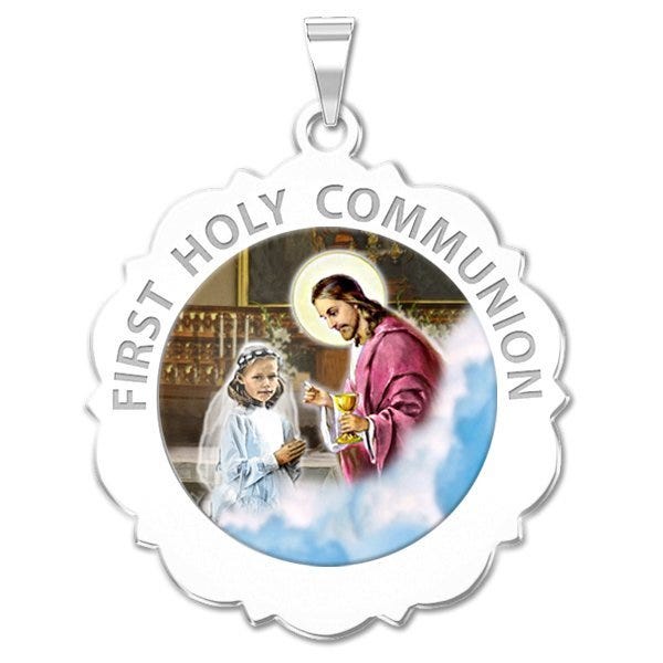 First Holy Communion Scalloped Round Religious Medal Girl