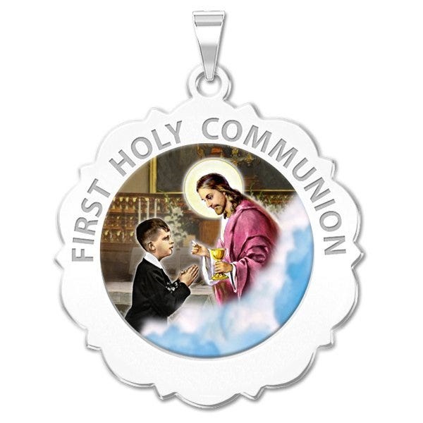 First Holy Communion Scalloped Round Religious Medal Boy