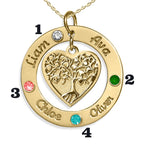 Personalized Round Family Tree Pendant with 4 Birthstones & Names