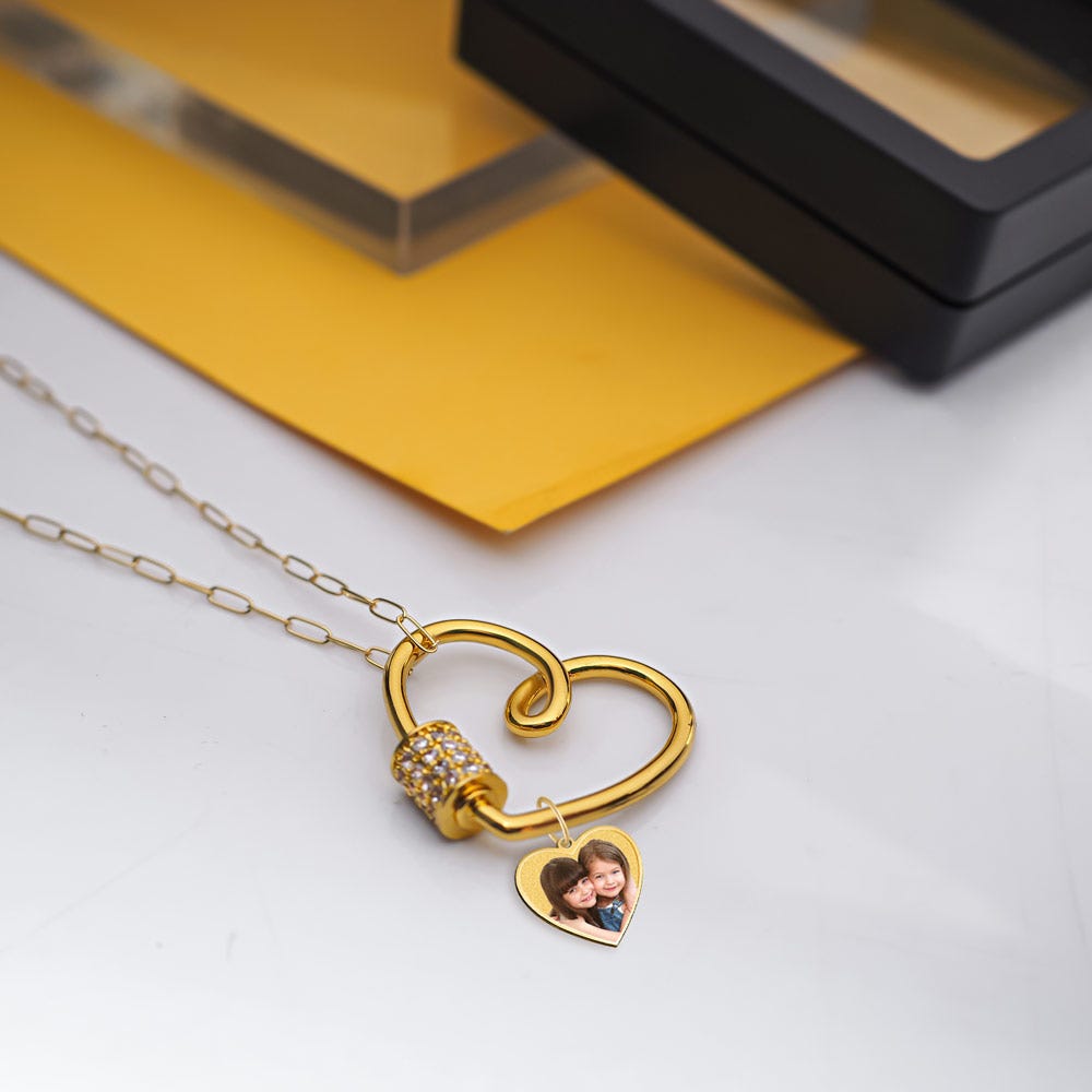 Carabiner Heart Pendant Necklace with CZ Barrel and Dangle Photo Charms / Chain Included