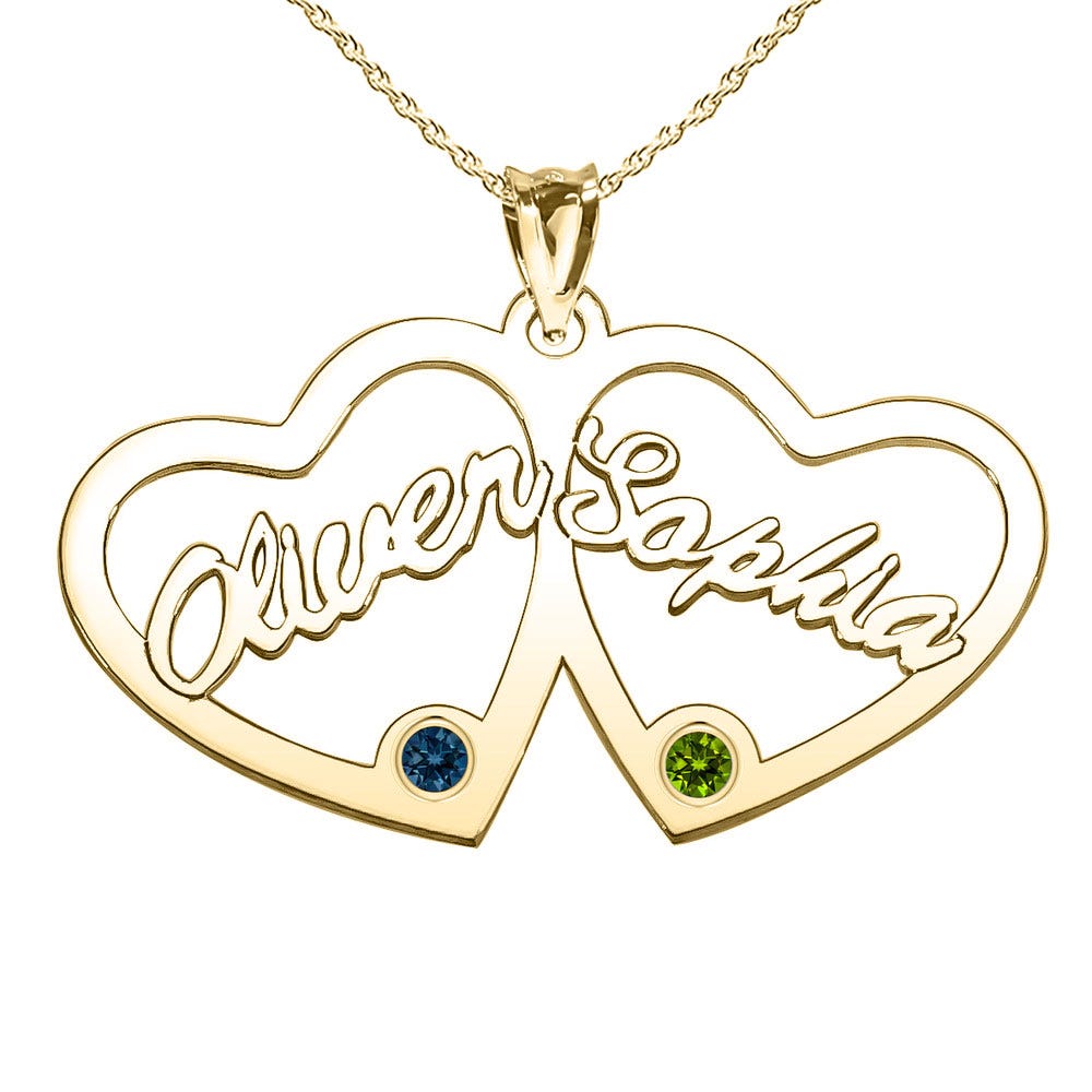 Personalized Heart Cut-Out with Pendant with 2 Birthstones & Names- Includes 18 Inch Chain