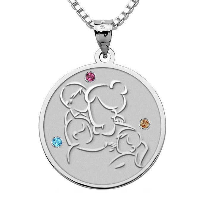 Mother with Son and 2 Daughters Round Pendant with Birthstones