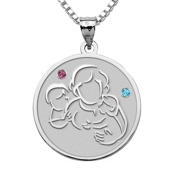Mother with Son and Daughter - Round Pendant with Birthstones