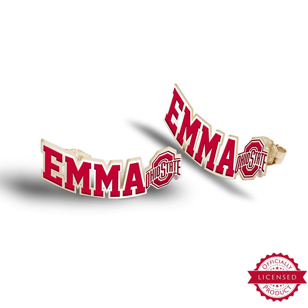 Personalized Pair of Color Enamel Ohio State Logo with Horizontal Name Earrings