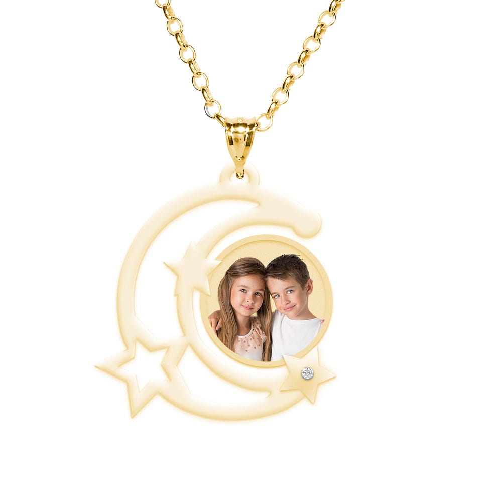 Moon Silhouette w/ Stars Photo Pendant And 1 Cubic Zirconia