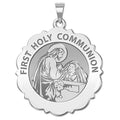 First Holy Communion Scalloped Round Religious Medal Girl