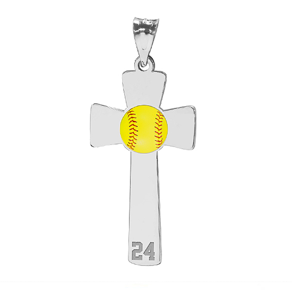 Softball Color Enameled Cross Pendant with Number