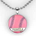 Color Enameled Pink Softball Pendant with Name