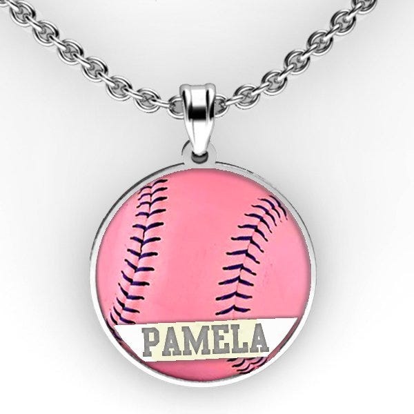 Color Enameled Pink Softball Pendant with Name