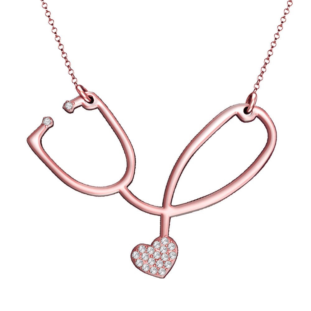 Embossed Nurse Stethoscope Necklace with CZ's - Chain Included