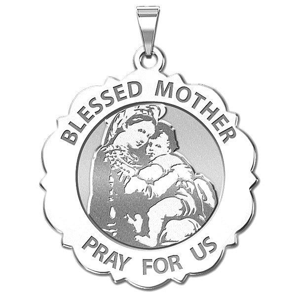 "Blessed Mother" Virgin Mary Scalloped Round Religious Medal