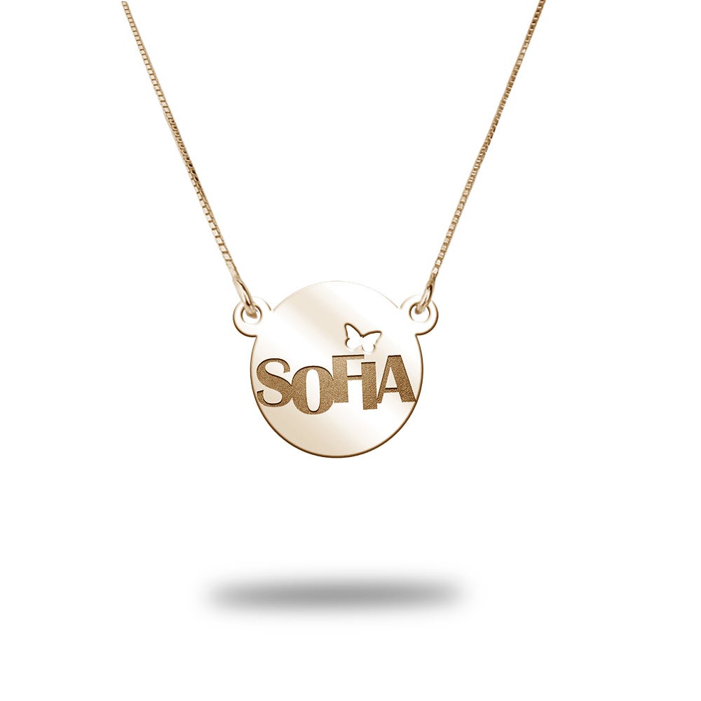 Modern Dainty Round Name Pendant with Butterfly Cut-Out