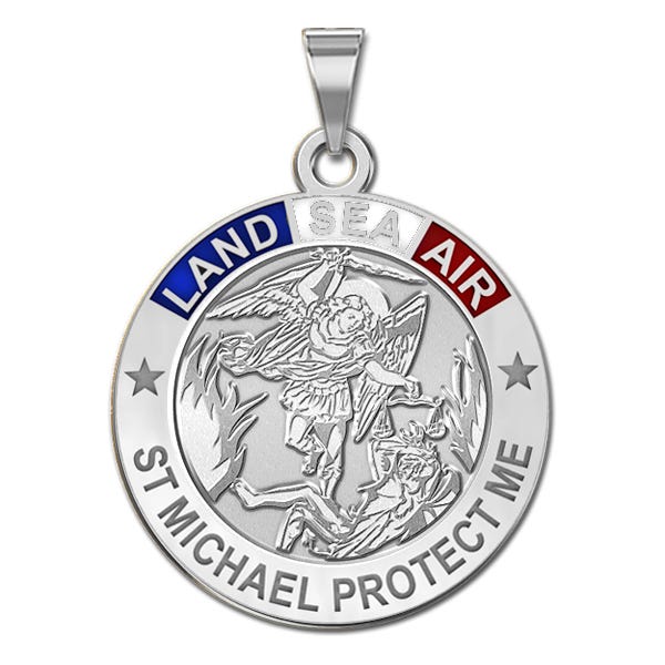 Saint Michael Land Sea Air Round Religious Medal With Red White & Blue Enamel