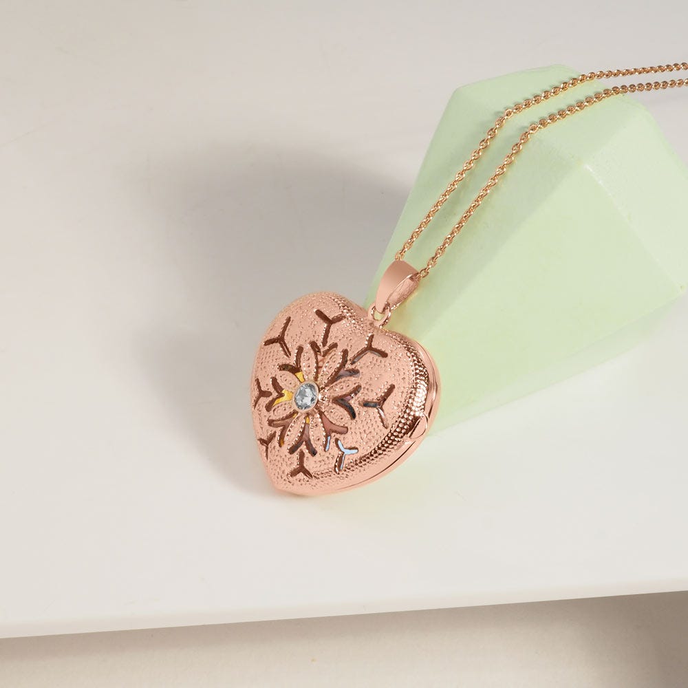 Rose Gold Heart Photo Locket With Cubic Zirconias With Chain Included