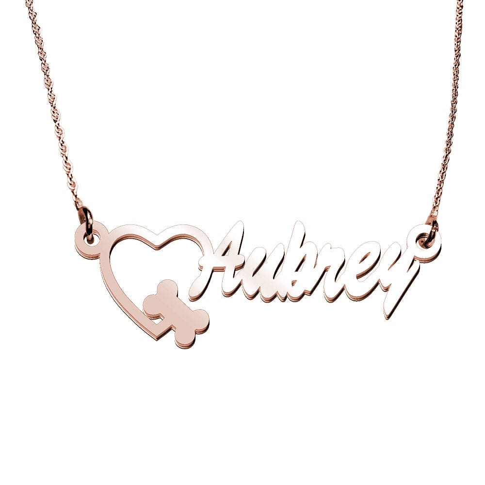 Personalized Name Necklace with Heart and Dog Bone