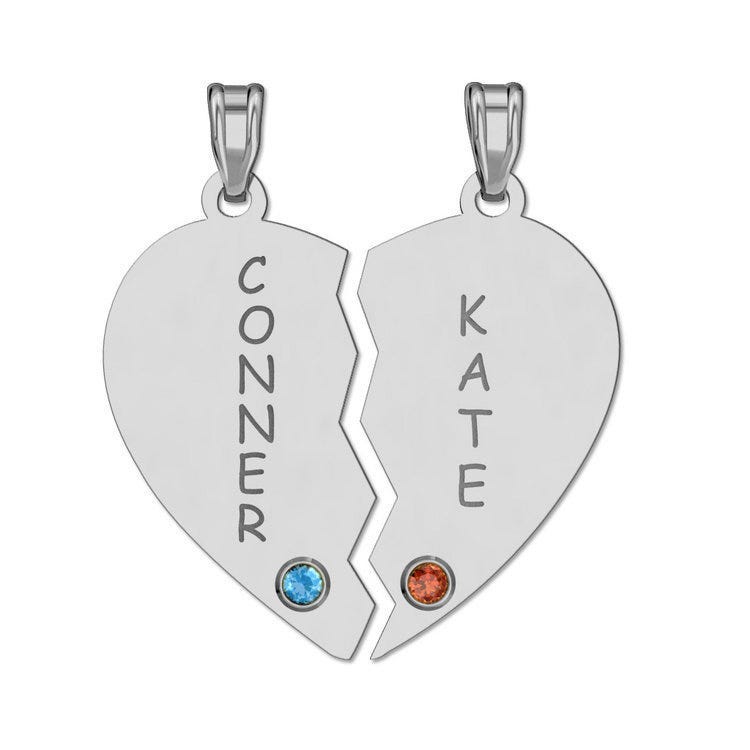 Personalized Couples Broken Heart Pendant with Two Birthstones & Names