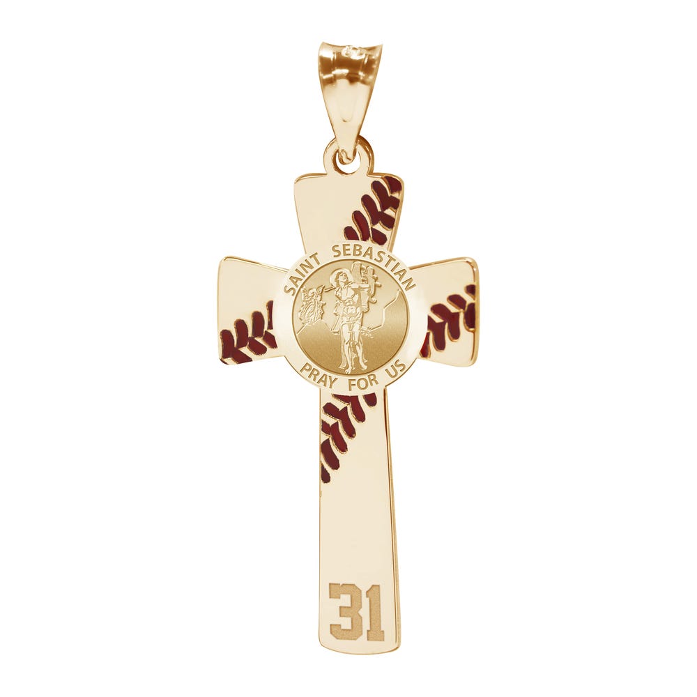 Baseball Stitched Saint Sebastian Enameled Cross Pendant with Number