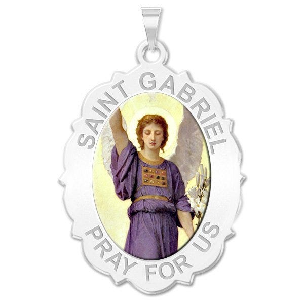 Saint Gabriel Scalloped Oval Religious Medal "Color
