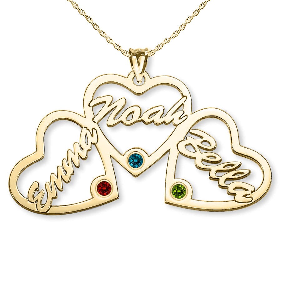 Personalized Heart Cut-Out with Pendant with 3 Birthstones & Names