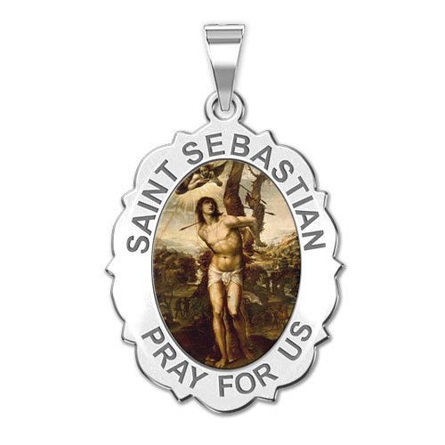 Saint Sebastian - Scalloped Oval Religious Medal "Color