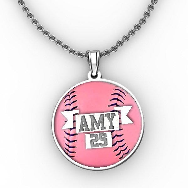 Color Enameled  Pink Softball Pendant with Name & Number