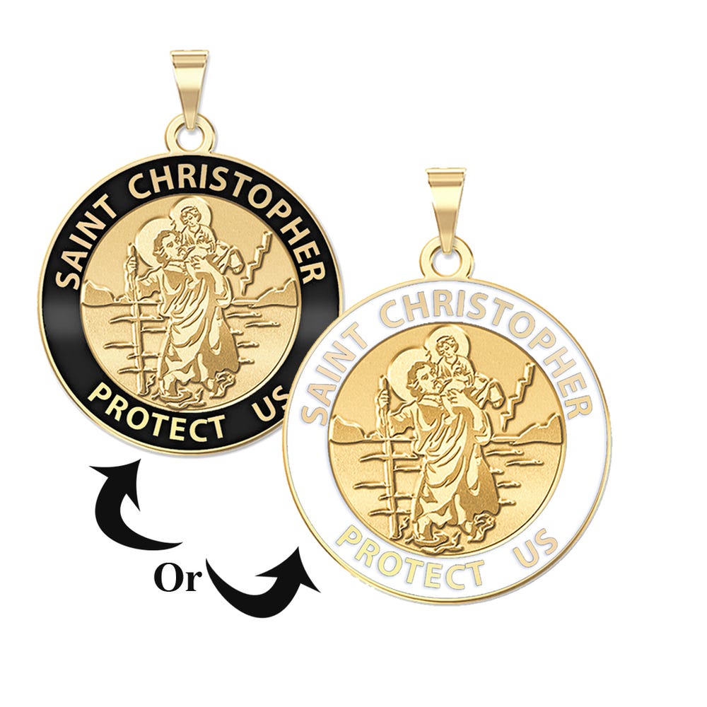 Saint Christopher Round Religious Medal With Black Enamel Or White Enamel