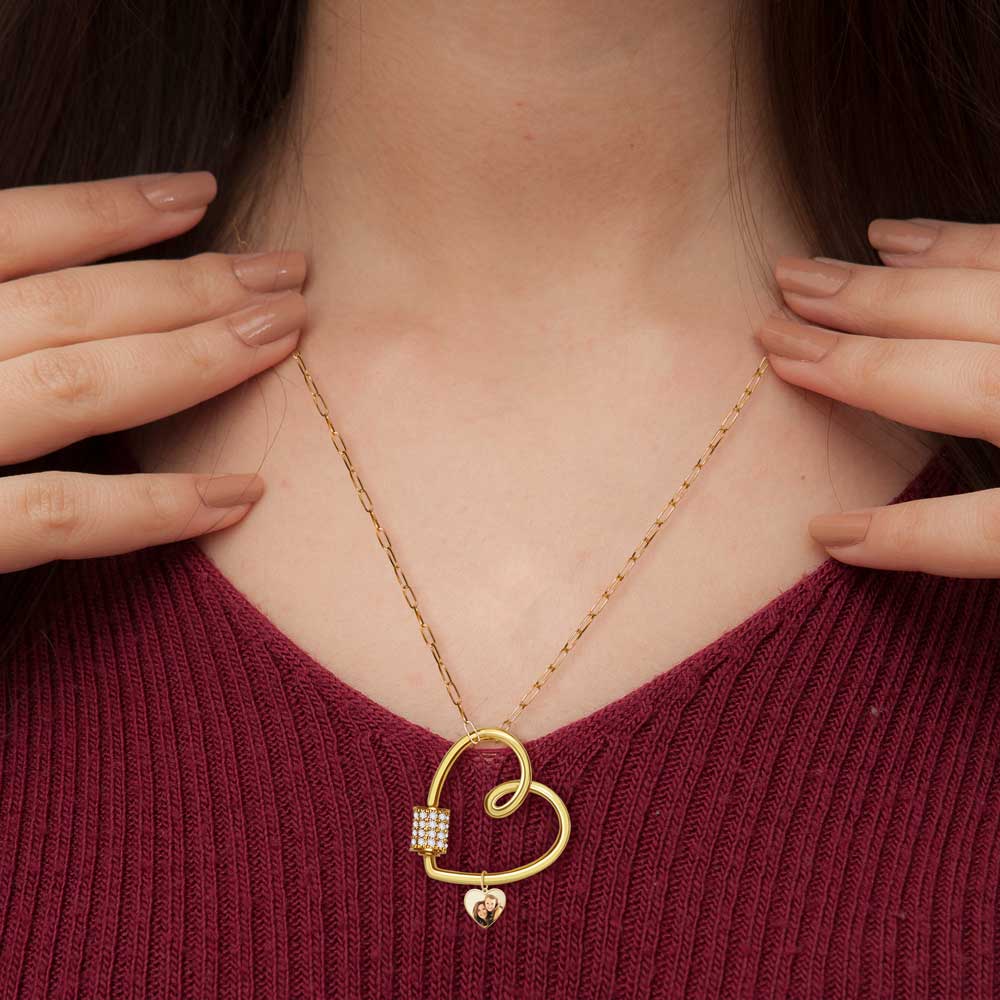 Carabiner Heart Pendant Necklace with CZ Barrel and Dangle Photo Charms / Chain Included