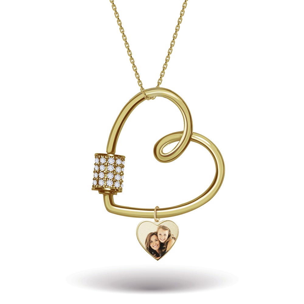 Carabiner Heart Pendant Necklace with CZ Barrel and Dangle Photo Charms / Chain Included