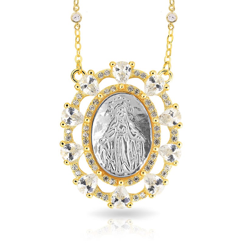 Mother Of Pearl Miraculous Oval Medal With Cz Ornate Border