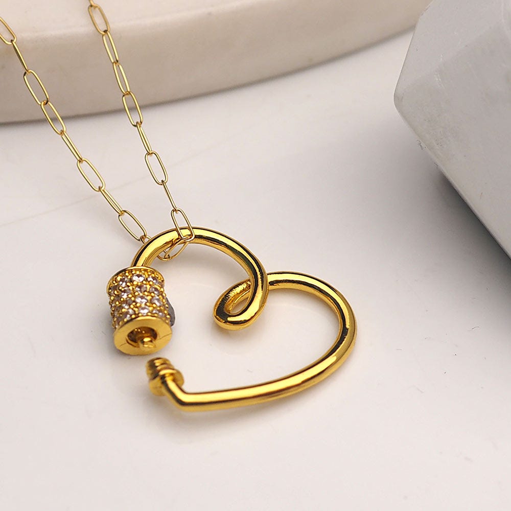 Carabiner Heart Pendant Necklace with CZ Barrel and Dangle Photo Charms / Chain Included