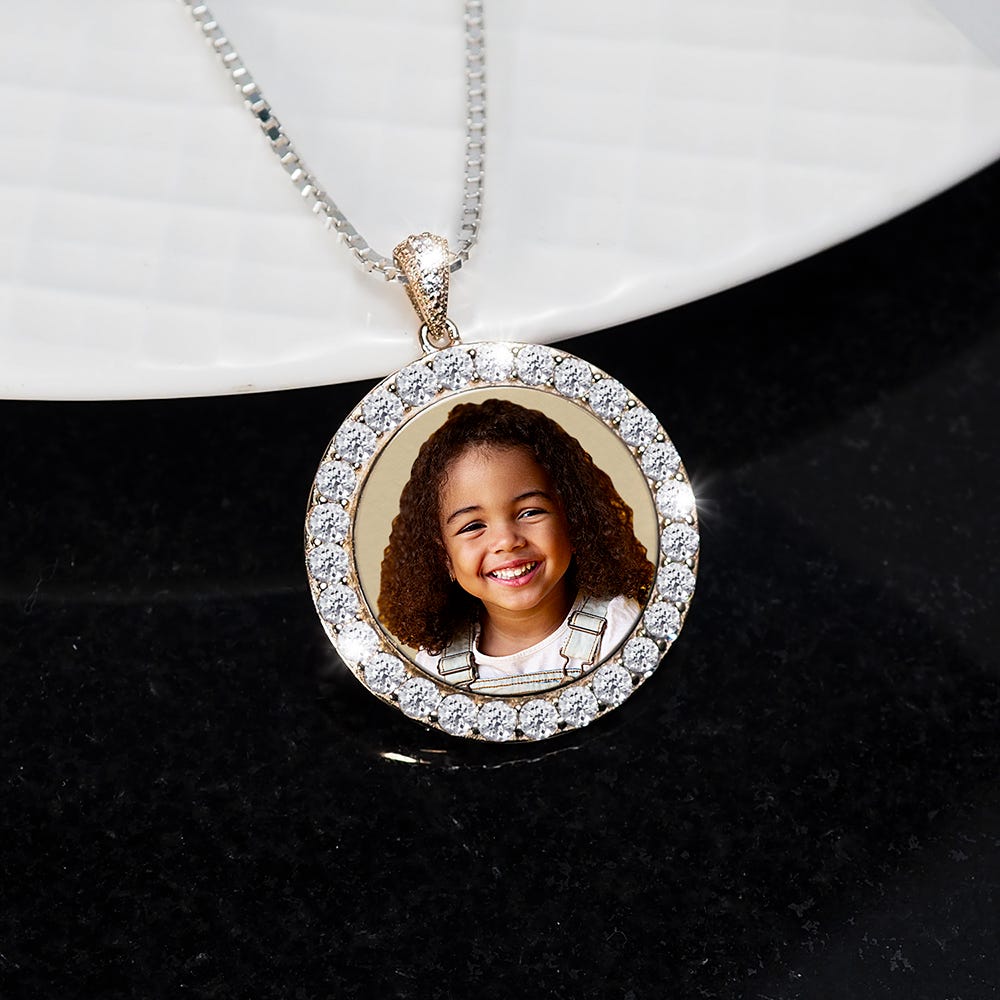 Silver and CZ Premium Round Photo Pendant