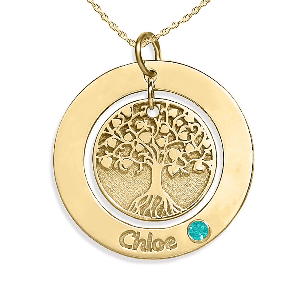 Personalized Round Family Tree Pendant with Birthstone & Name- Includes 18 Inch Chain
