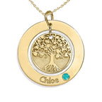Personalized Round Family Tree Pendant with Birthstone & Name- Includes 18 Inch Chain