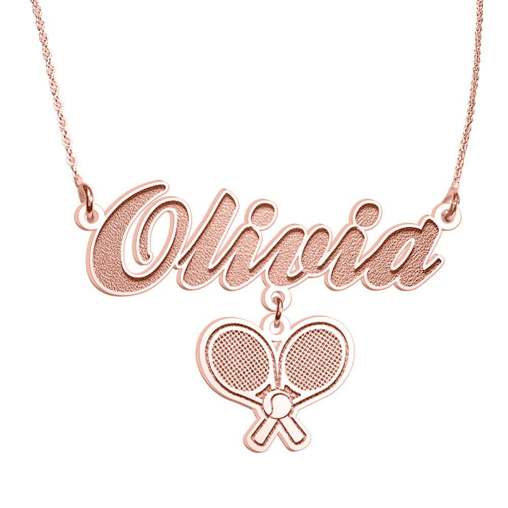 Script Name Necklace with Tennis Rackets Charm