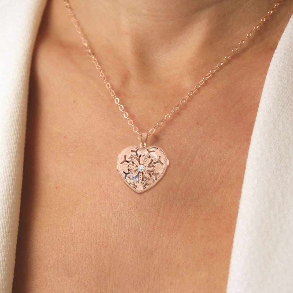Rose Gold Heart Photo Locket With Cubic Zirconias With Chain Included