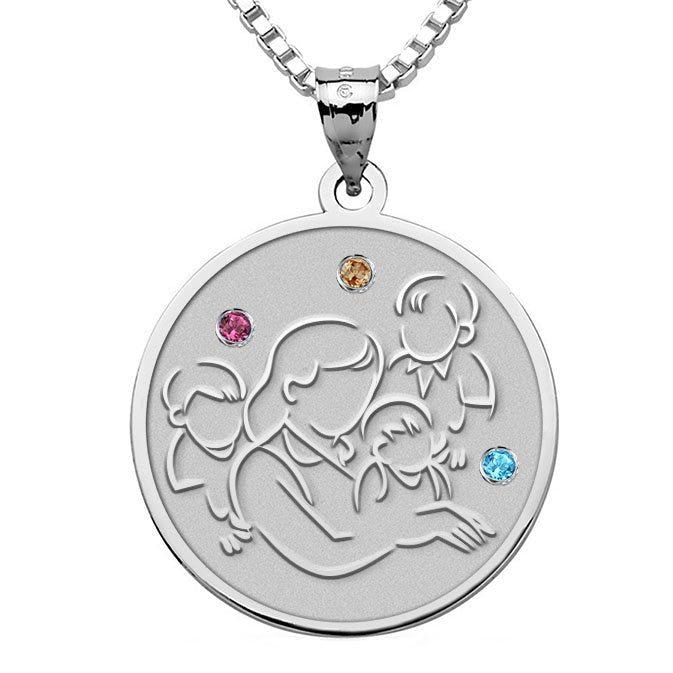 Mother with Three Sons - Round Pendant with Birthstones