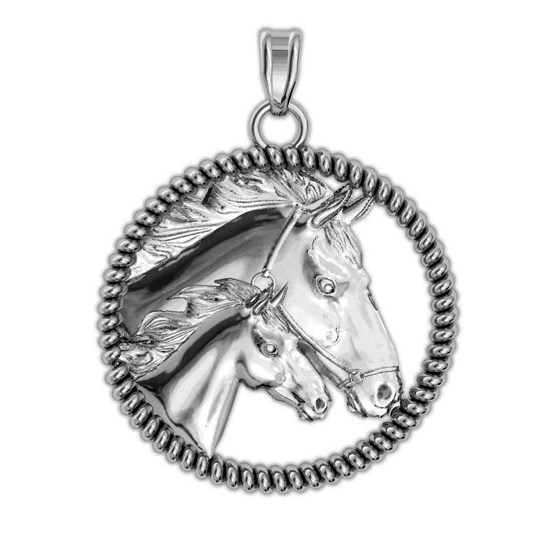 Racehorse with Colt On A Round Rope Frame Horse Jewelry Pendant or Charm