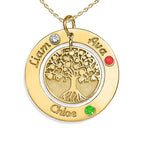 Personalized Round Family Tree Pendant with Three Birthstones & Names- Includes 18 Inch Chain